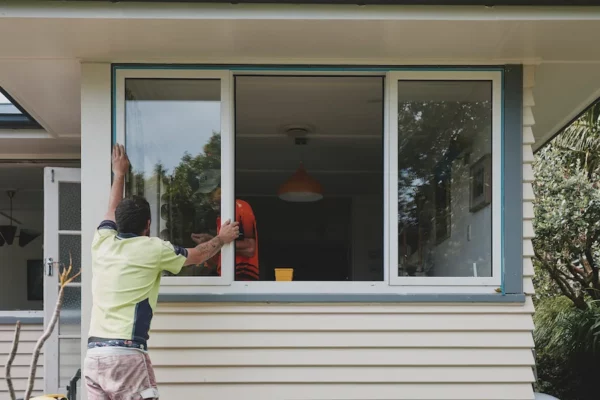 man replacing windows in a house
